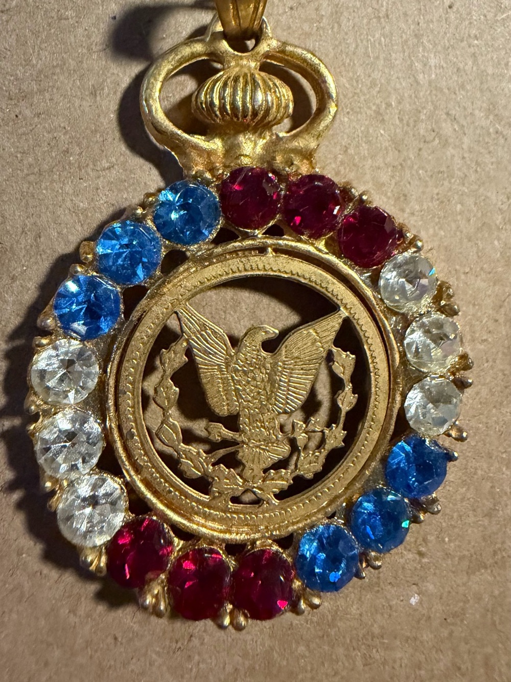 Gold Eagle Pendant Necklace with Red, Blue & Clear Stones